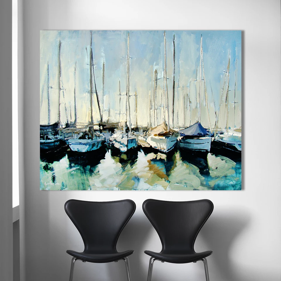 Abstract marina painting with boats and water reflections, ideal nautical wall art for coastal living room or office decor.