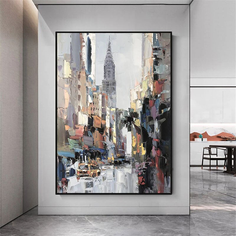8th Avenue – Abstract Cityscape Painting with Skyscraper | Modern Urban Canvas Art