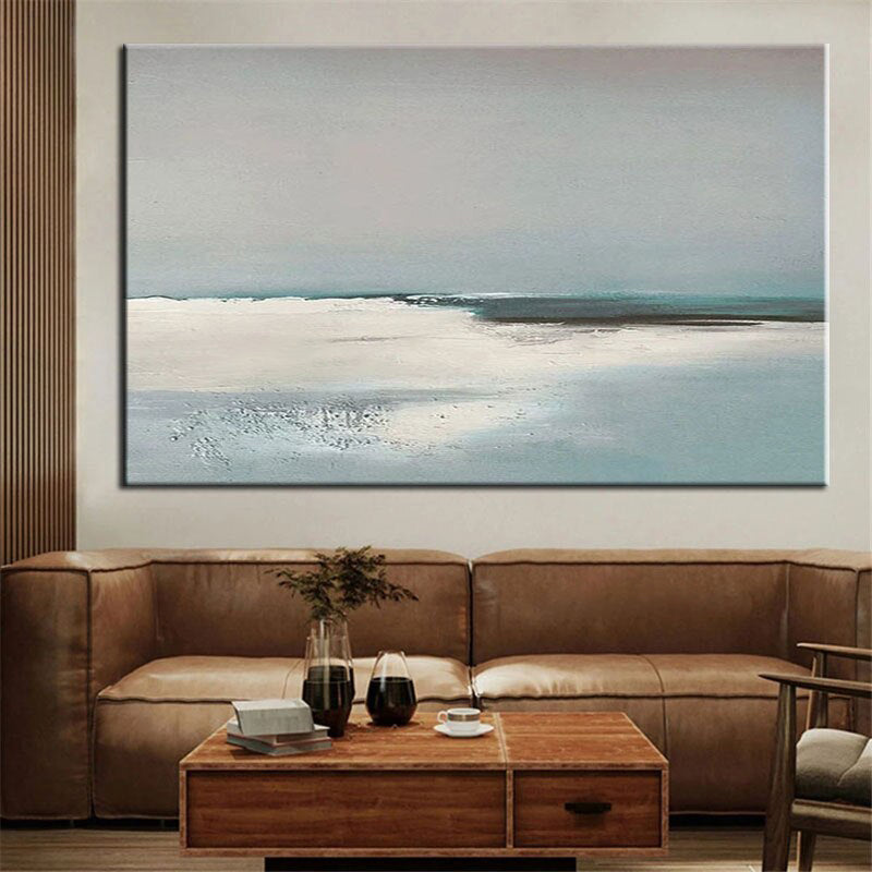 Minimalist Seaside Oil Painting: Calm Blue Tones Wall Decor