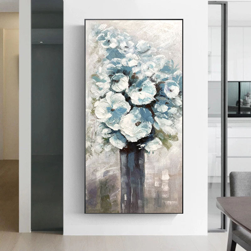 Bouquet of Ice Flowers-Original Vertical Abstract Floral Painting for Modern Decor