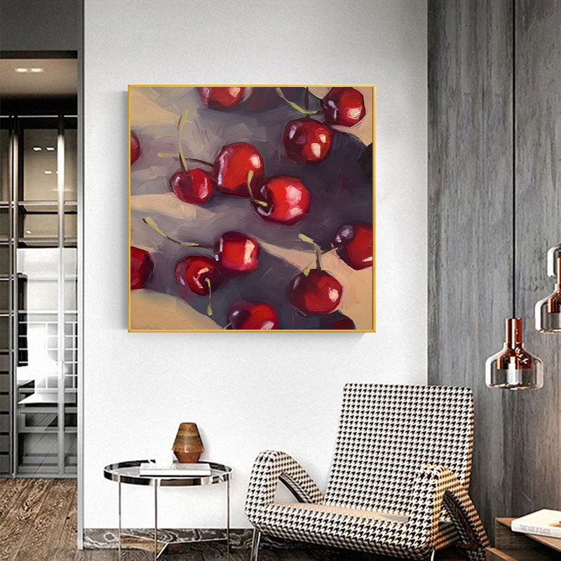 Cherries-Impressionist Cherry Oil Painting - Vibrant Red Square Dining Room Wall Art
