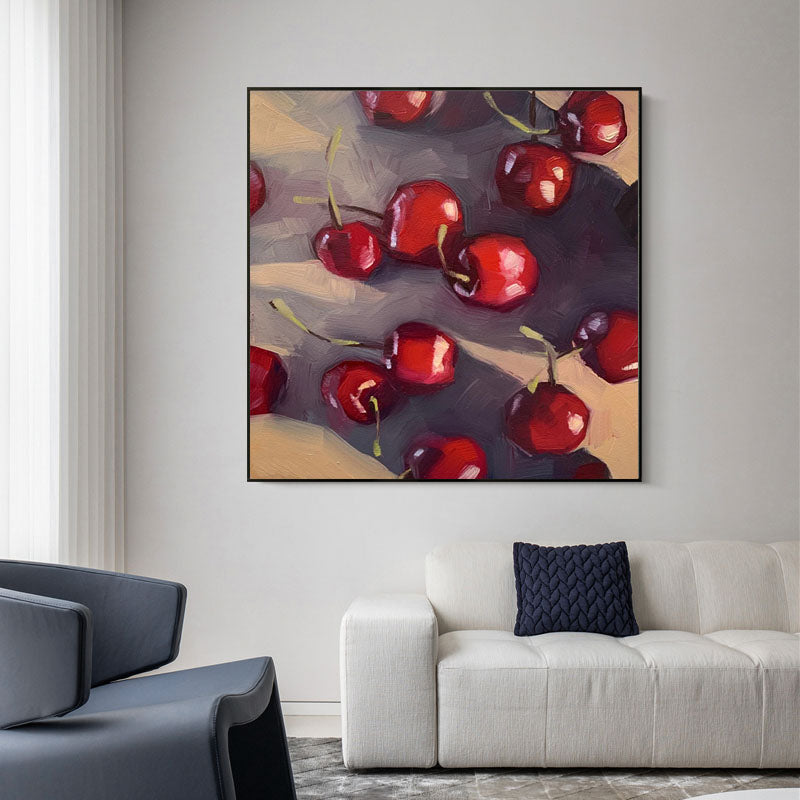 Cherries-Impressionist Cherry Oil Painting - Vibrant Red Square Dining Room Wall Art