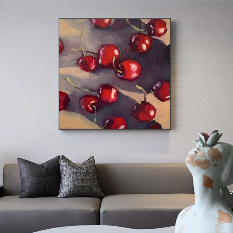 Cherries-Impressionist Cherry Oil Painting - Vibrant Red Square Dining Room Wall Art