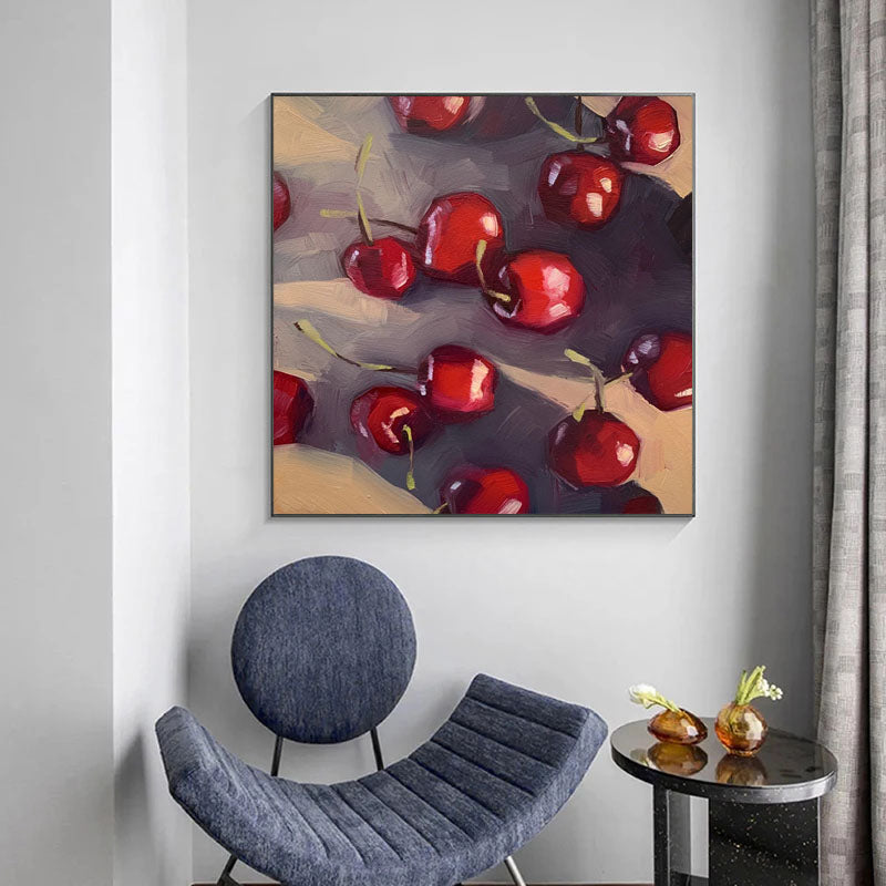 Cherries-Impressionist Cherry Oil Painting - Vibrant Red Square Dining Room Wall Art