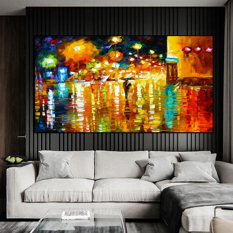 Luminous Night Scene Oil Art: Reflections on Wet Street Decor