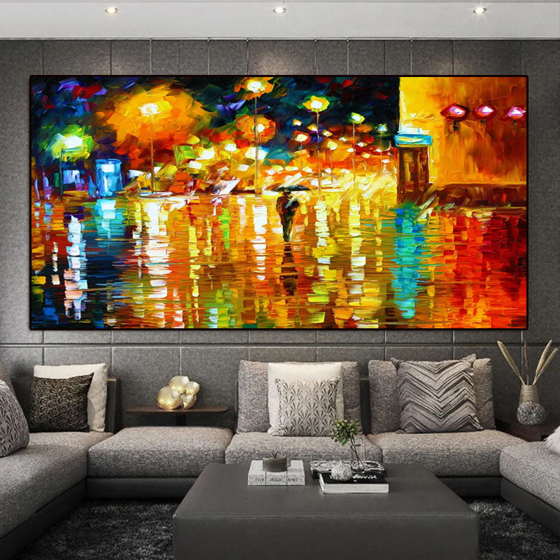 Luminous Night Scene Oil Art: Reflections on Wet Street Decor