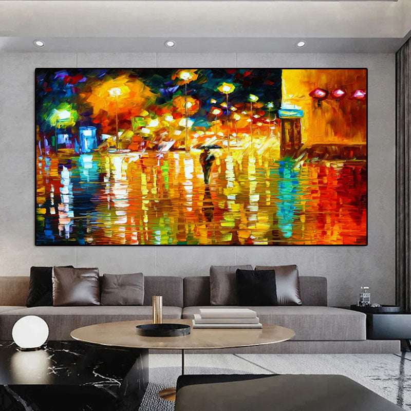 Luminous Night Scene Oil Art: Reflections on Wet Street Decor