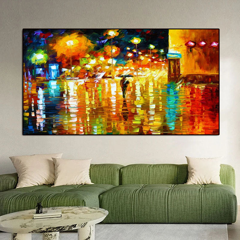 Luminous Night Scene Oil Art: Reflections on Wet Street Decor