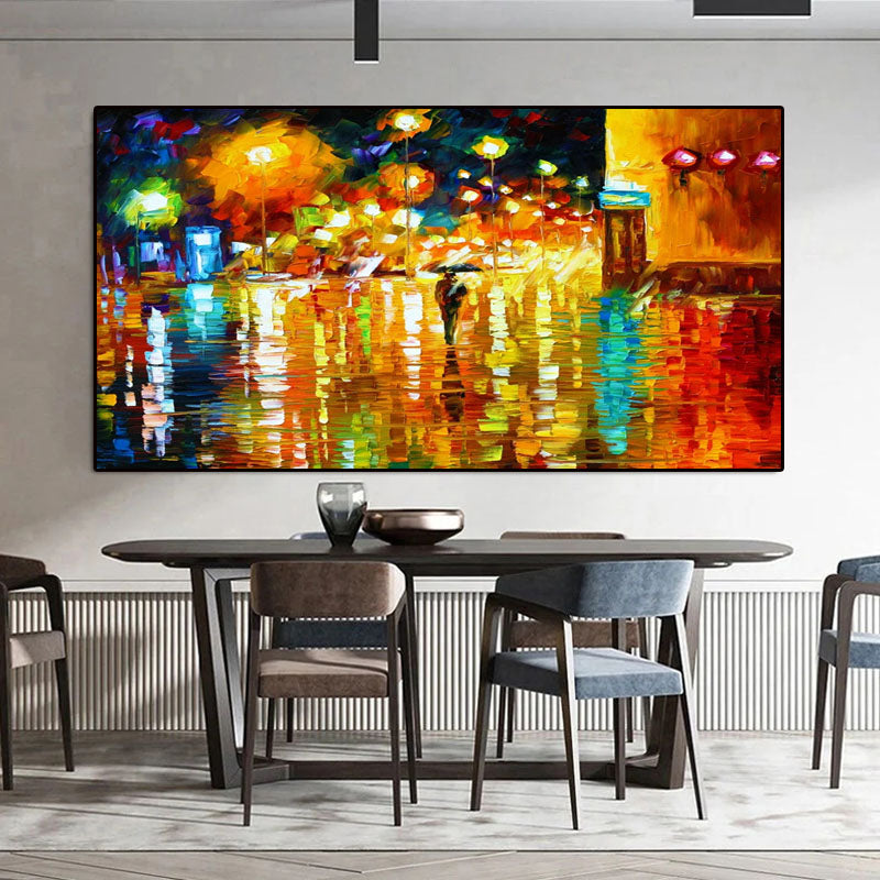 Luminous Night Scene Oil Art: Reflections on Wet Street Decor