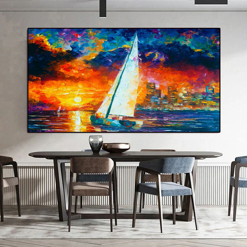 Sail into Sunset-Sailboat Sunset Oil Painting for Modern Coastal Wall Decor