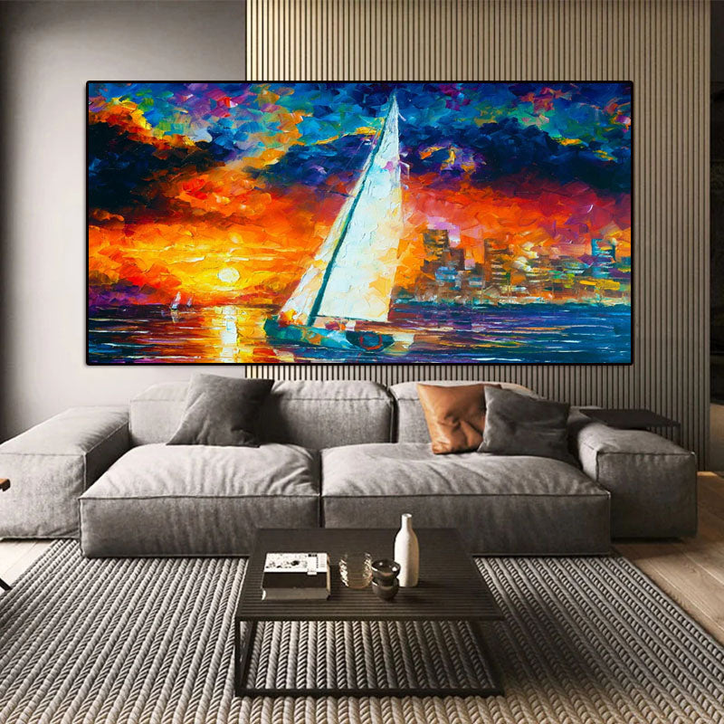 Sail into Sunset-Sailboat Sunset Oil Painting for Modern Coastal Wall Decor
