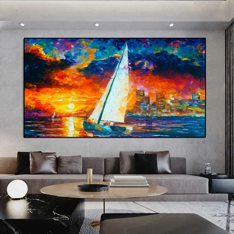 Sail into Sunset-Sailboat Sunset Oil Painting for Modern Coastal Wall Decor