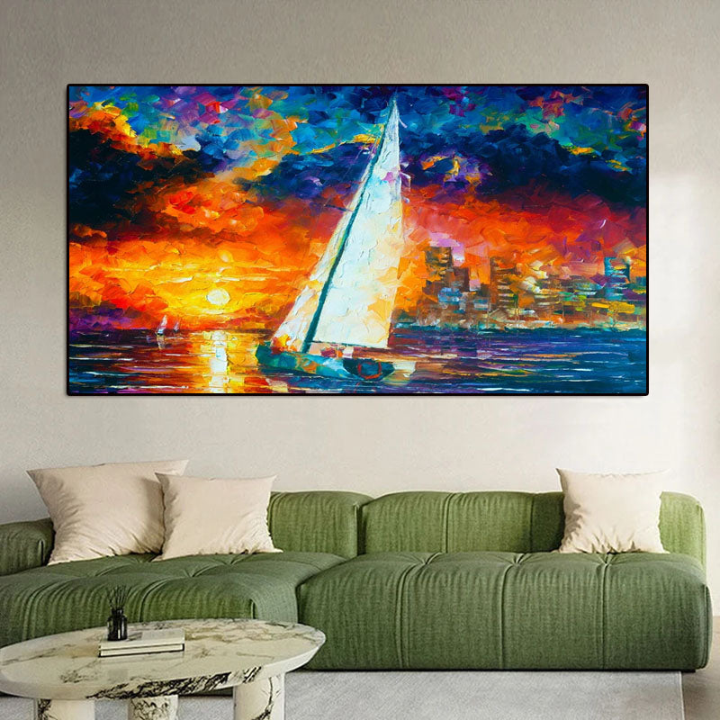 Sail into Sunset-Sailboat Sunset Oil Painting for Modern Coastal Wall Decor