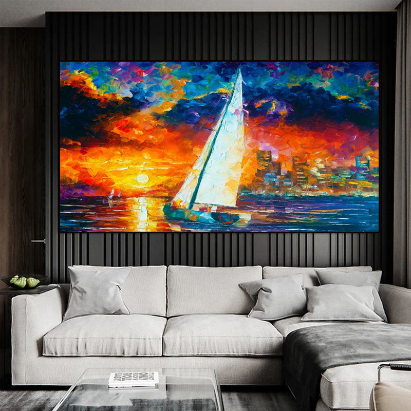 Sail into Sunset-Sailboat Sunset Oil Painting for Modern Coastal Wall Decor