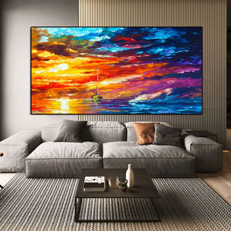 Colorful Sunset Sea Sailboat Oil Painting: Impressionist Wall Art