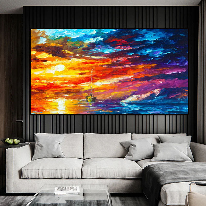 Colorful Sunset Sea Sailboat Oil Painting: Impressionist Wall Art