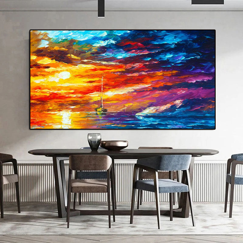 Colorful Sunset Sea Sailboat Oil Painting: Impressionist Wall Art