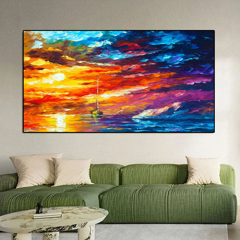 Colorful Sunset Sea Sailboat Oil Painting: Impressionist Wall Art