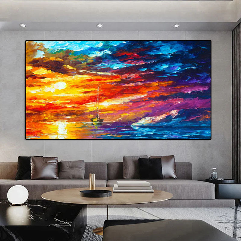 Colorful Sunset Sea Sailboat Oil Painting: Impressionist Wall Art