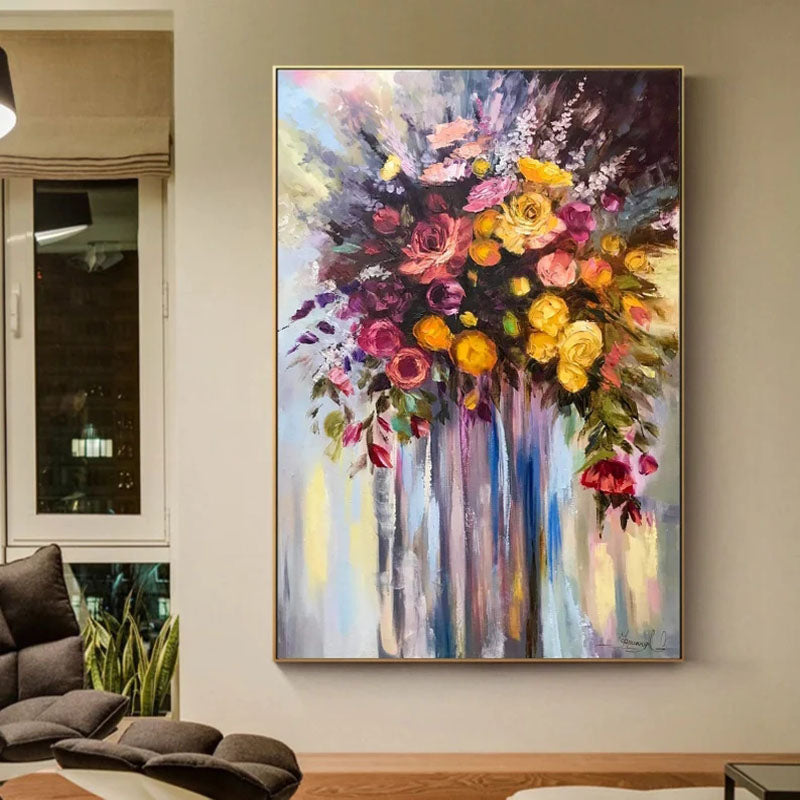 Vibrant Floral Oil Painting: Bouquet of Roses for Home Decor