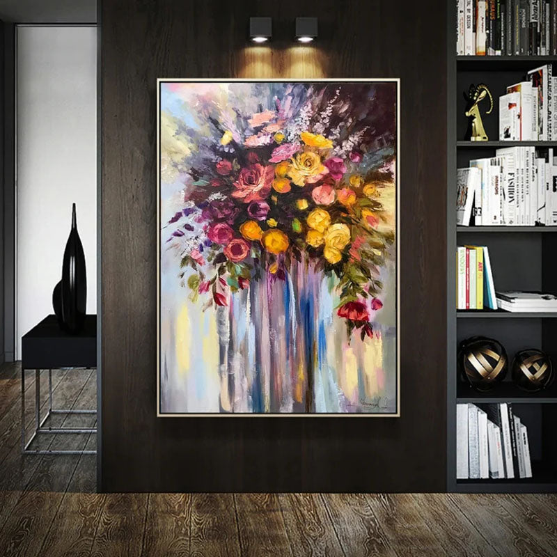 Vibrant Floral Oil Painting: Bouquet of Roses for Home Decor