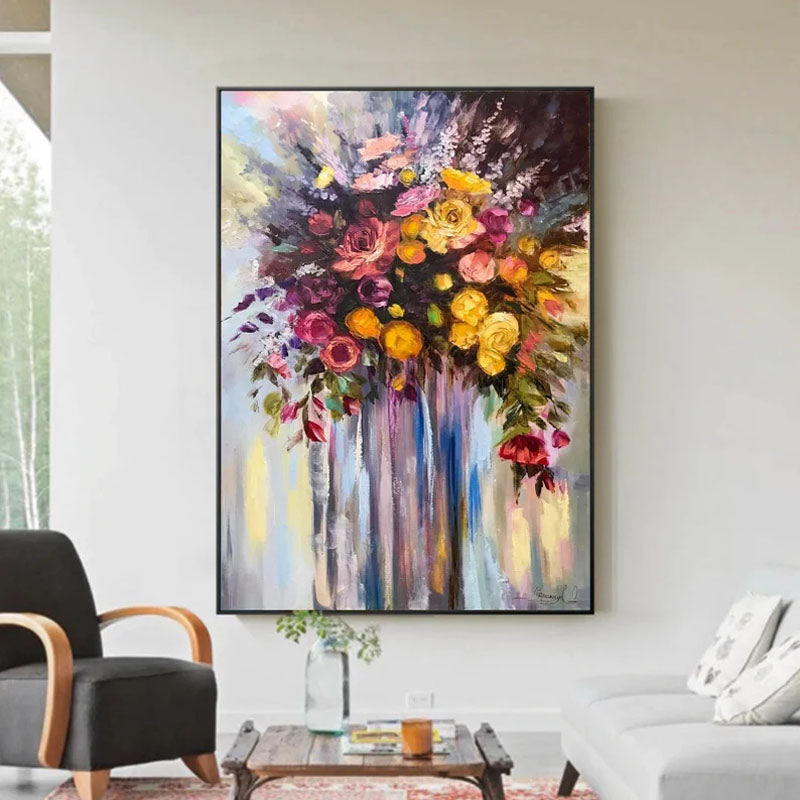 Vibrant Floral Oil Painting: Bouquet of Roses for Home Decor