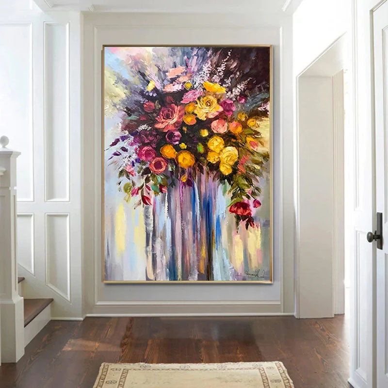 Vibrant Floral Oil Painting: Bouquet of Roses for Home Decor