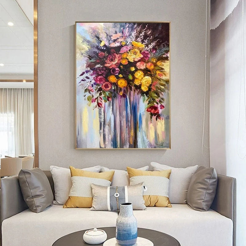Vibrant Floral Oil Painting: Bouquet of Roses for Home Decor