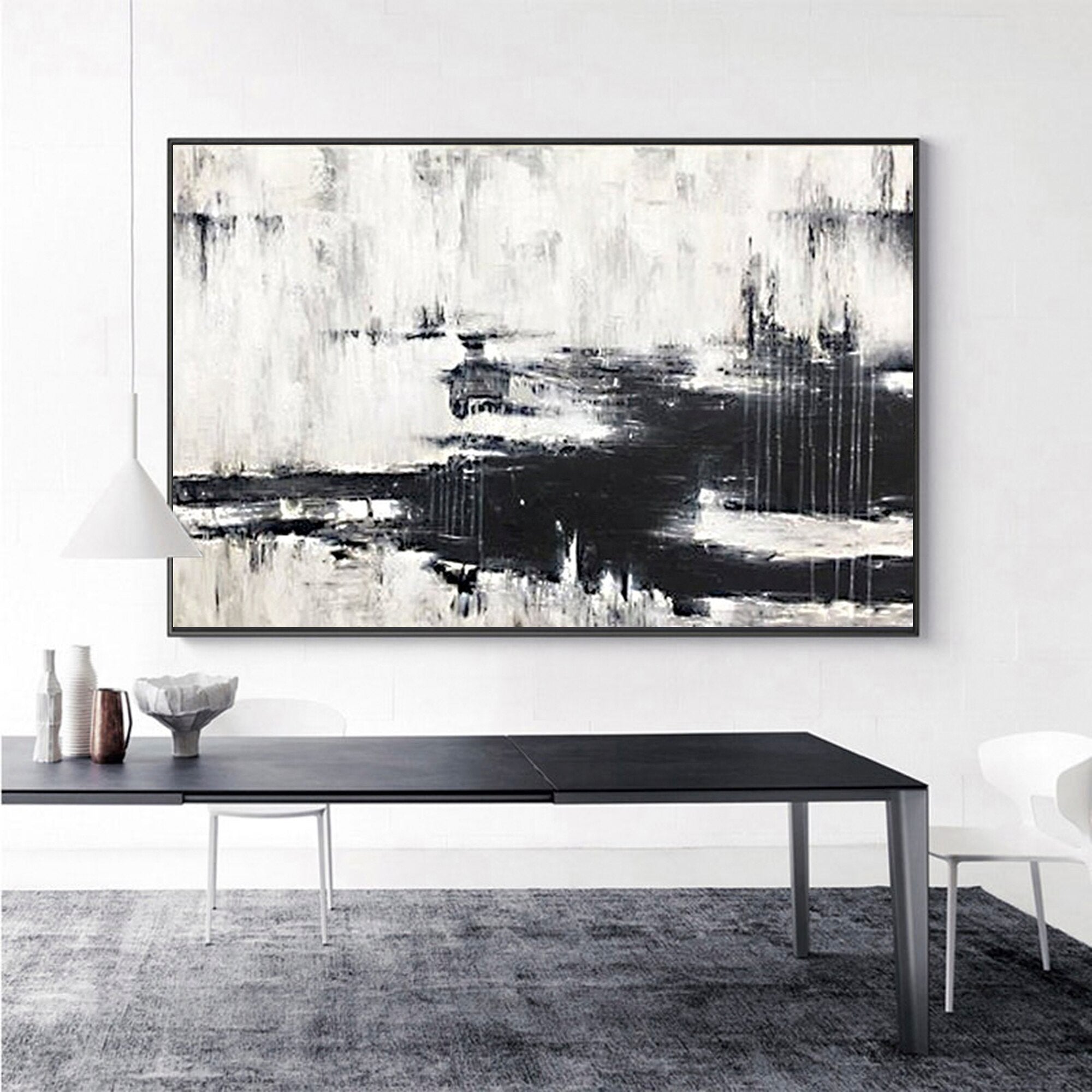 Black and White Abstract Oil Painting: Minimalist Wall Decor