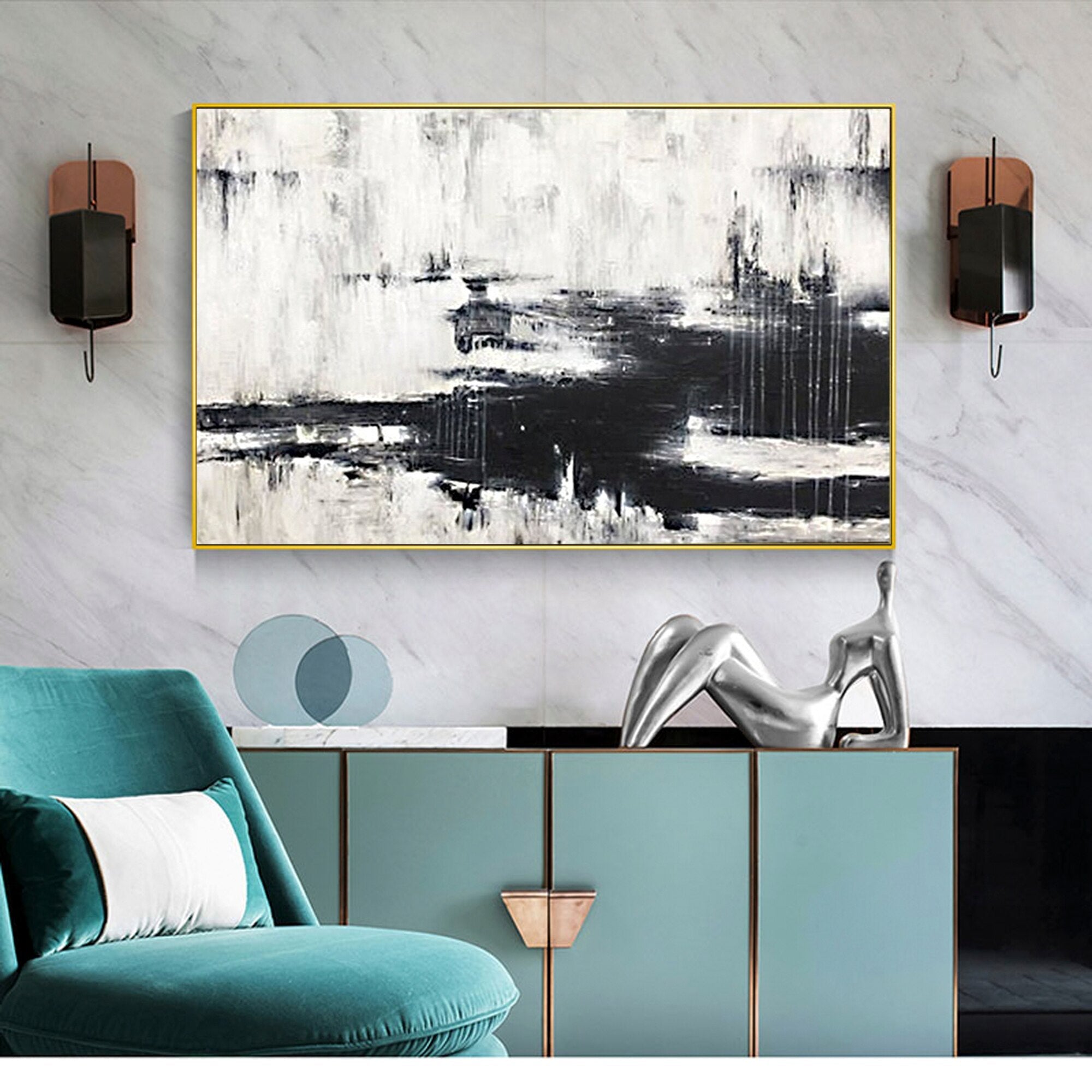 Black and White Abstract Oil Painting: Minimalist Wall Decor