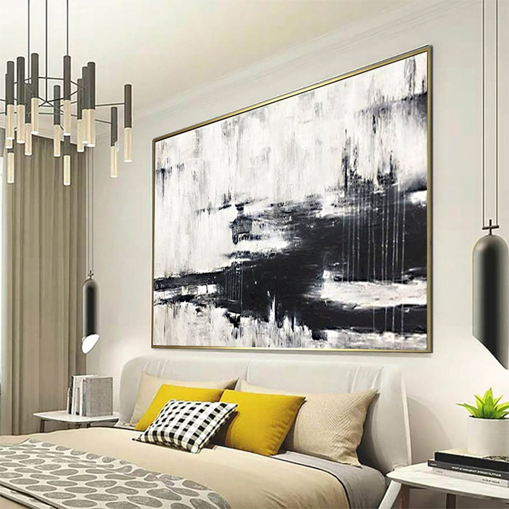 Black and White Abstract Oil Painting: Minimalist Wall Decor