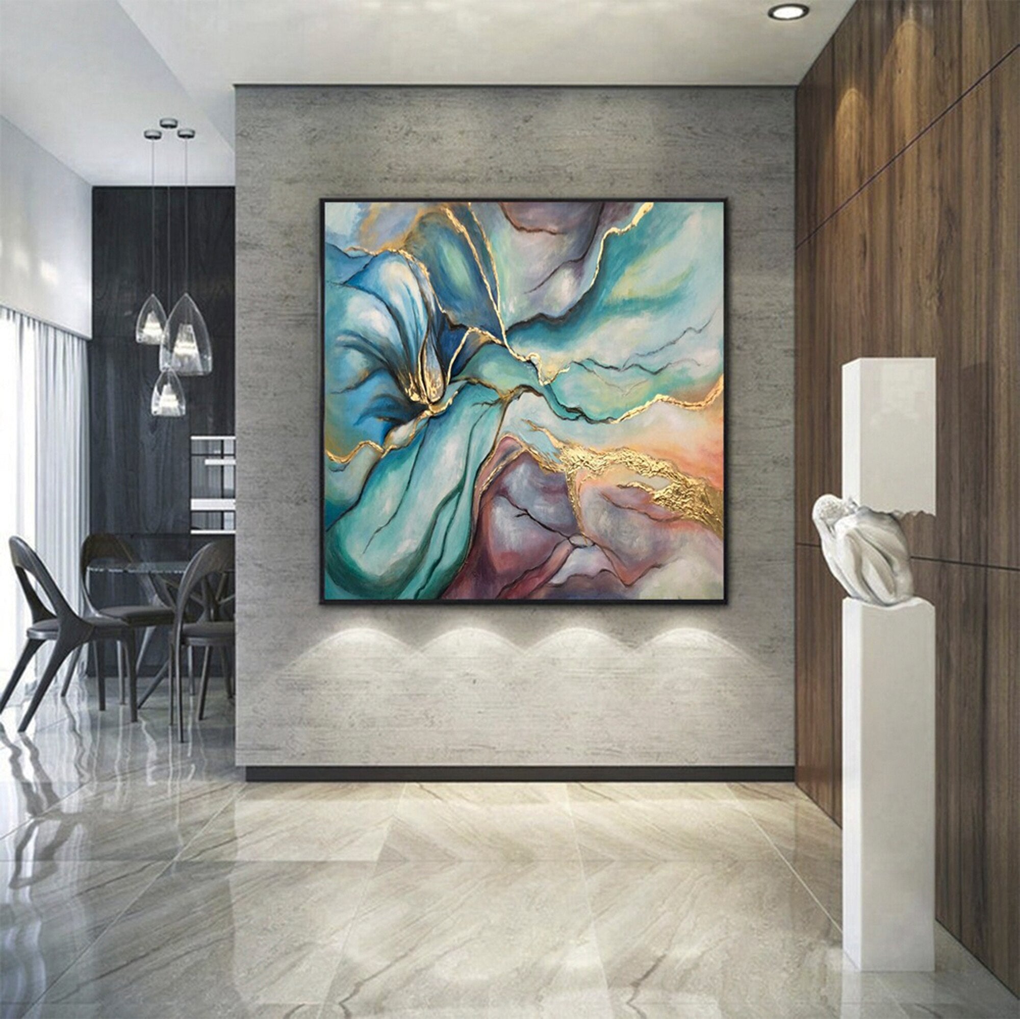 Fairy Dust-Luxury Abstract Canvas: Gold Veined Turquoise & Purple Abstract Painting