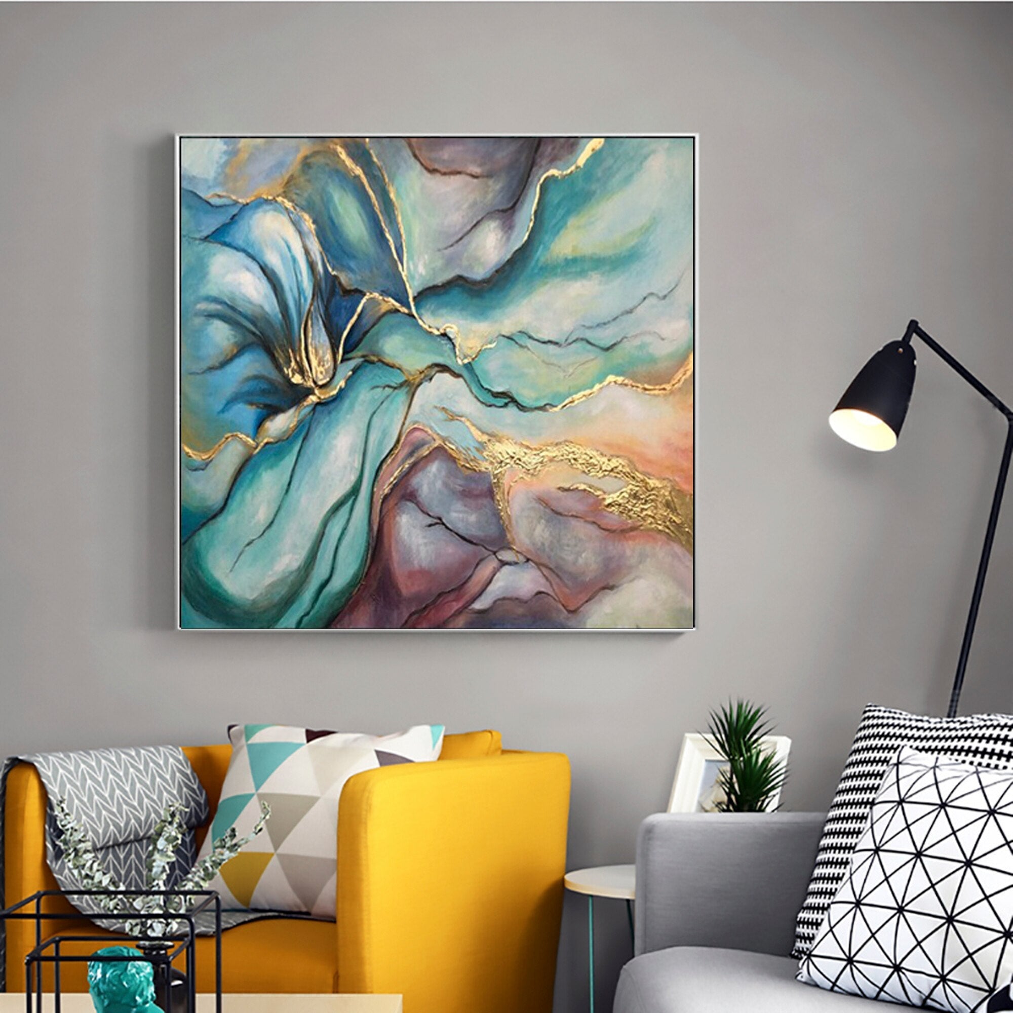 Fairy Dust-Luxury Abstract Canvas: Gold Veined Turquoise & Purple Abstract Painting