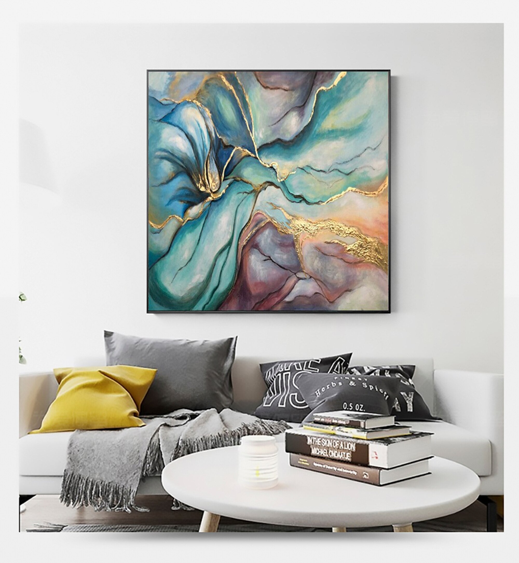 Fairy Dust-Luxury Abstract Canvas: Gold Veined Turquoise & Purple Abstract Painting
