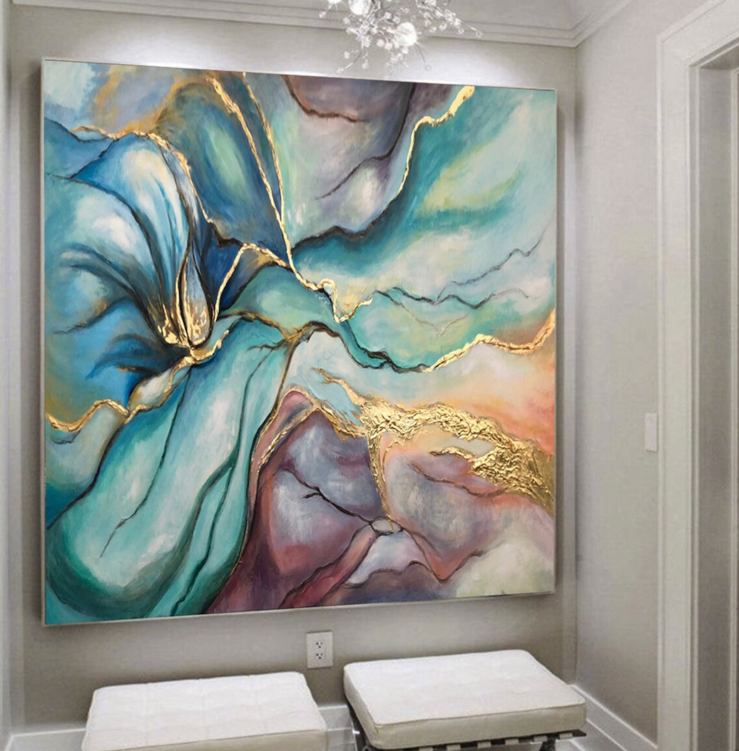 Fairy Dust-Luxury Abstract Canvas: Gold Veined Turquoise & Purple Abstract Painting