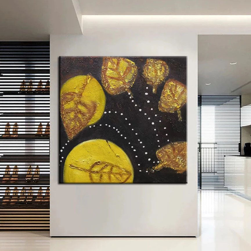 Floating Leaves-Handmade Golden Leaf Abstract Oil Painting - Modern Art Wall Decor for Home Decoration