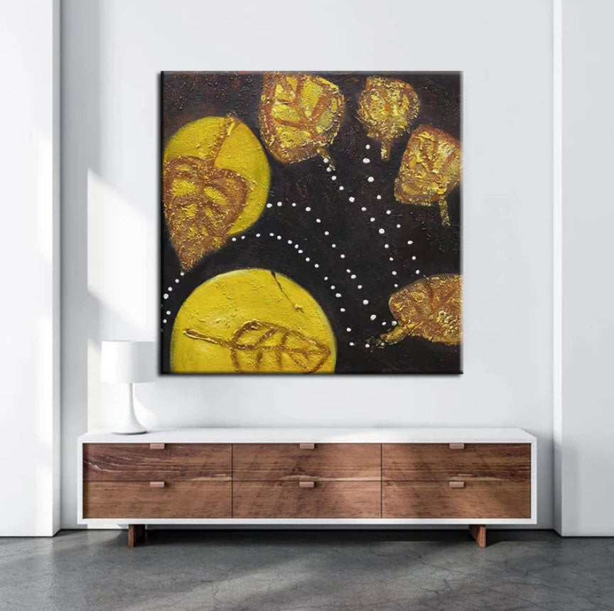 Floating Leaves-Handmade Golden Leaf Abstract Oil Painting - Modern Art Wall Decor for Home Decoration