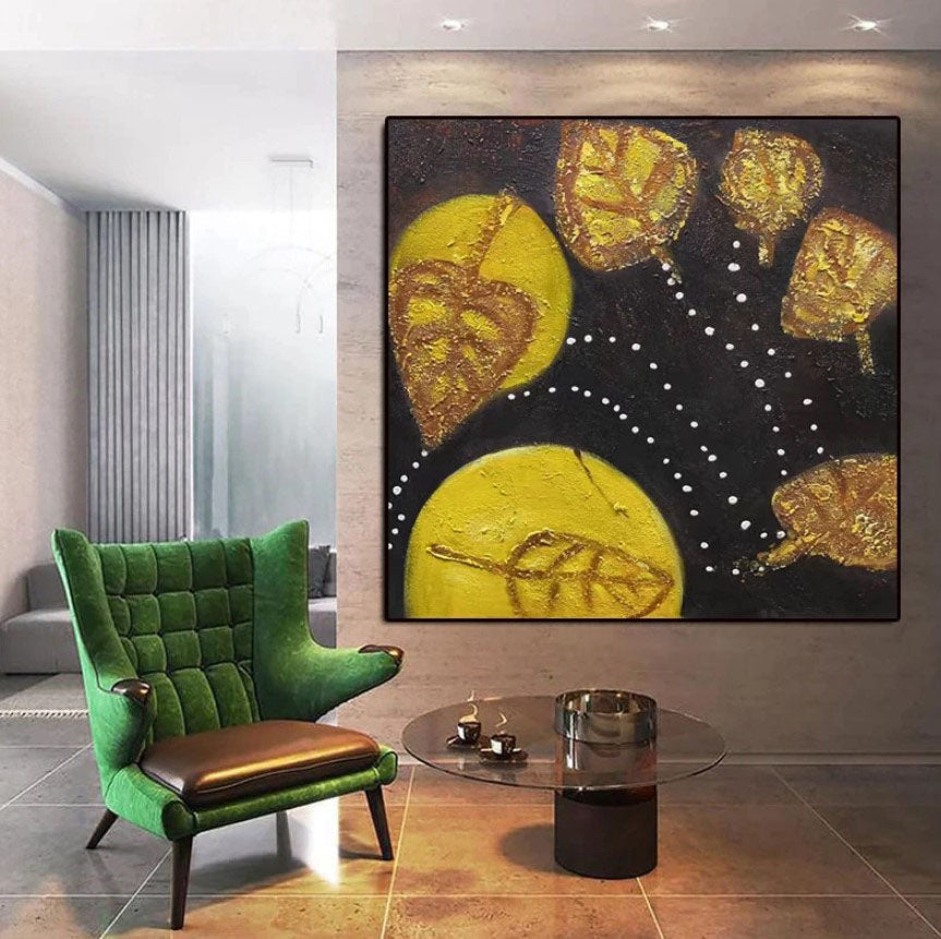 Floating Leaves-Handmade Golden Leaf Abstract Oil Painting - Modern Art Wall Decor for Home Decoration