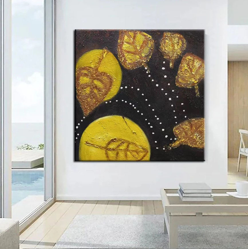 Floating Leaves-Handmade Golden Leaf Abstract Oil Painting - Modern Art Wall Decor for Home Decoration
