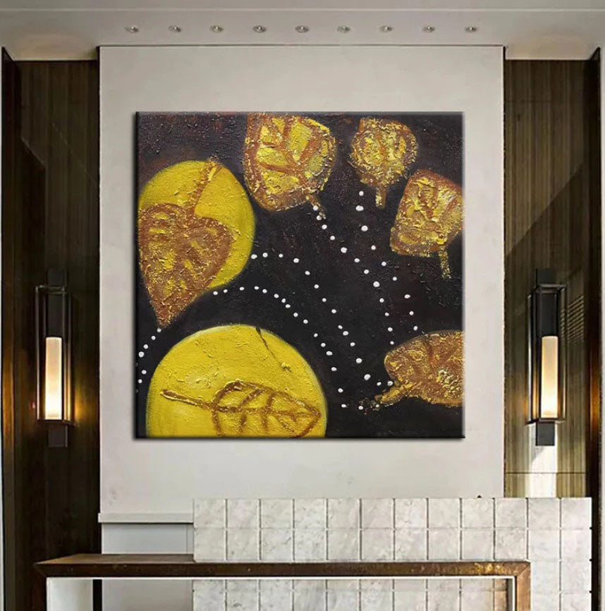 Floating Leaves-Handmade Golden Leaf Abstract Oil Painting - Modern Art Wall Decor for Home Decoration