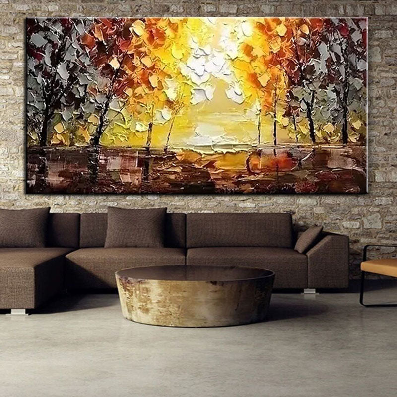 Impasto Oil Painting: Golden Sunset Landscape, Autumn Trees Wall Art