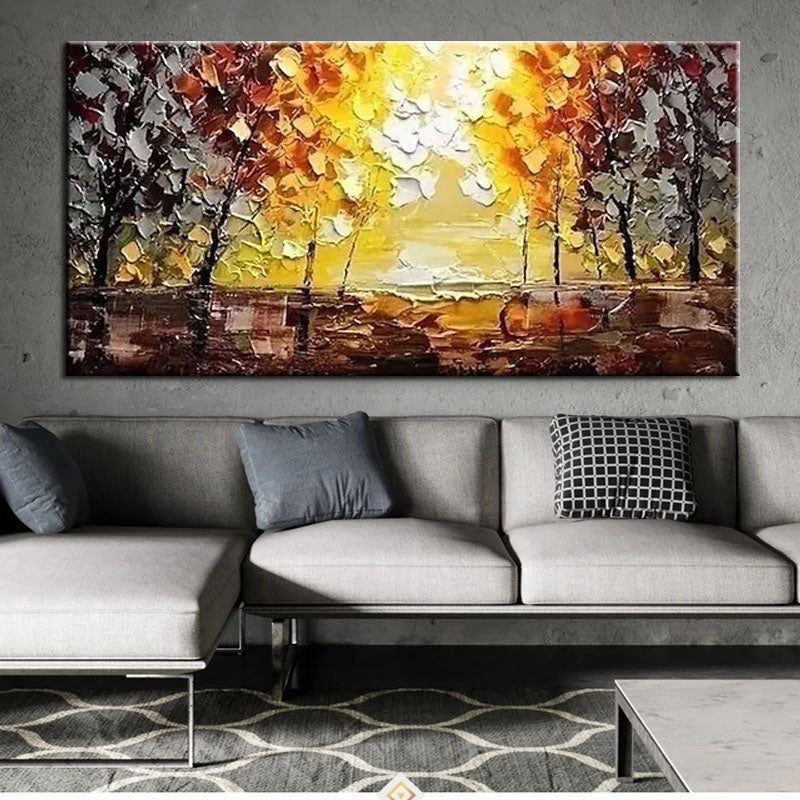Impasto Oil Painting: Golden Sunset Landscape, Autumn Trees Wall Art