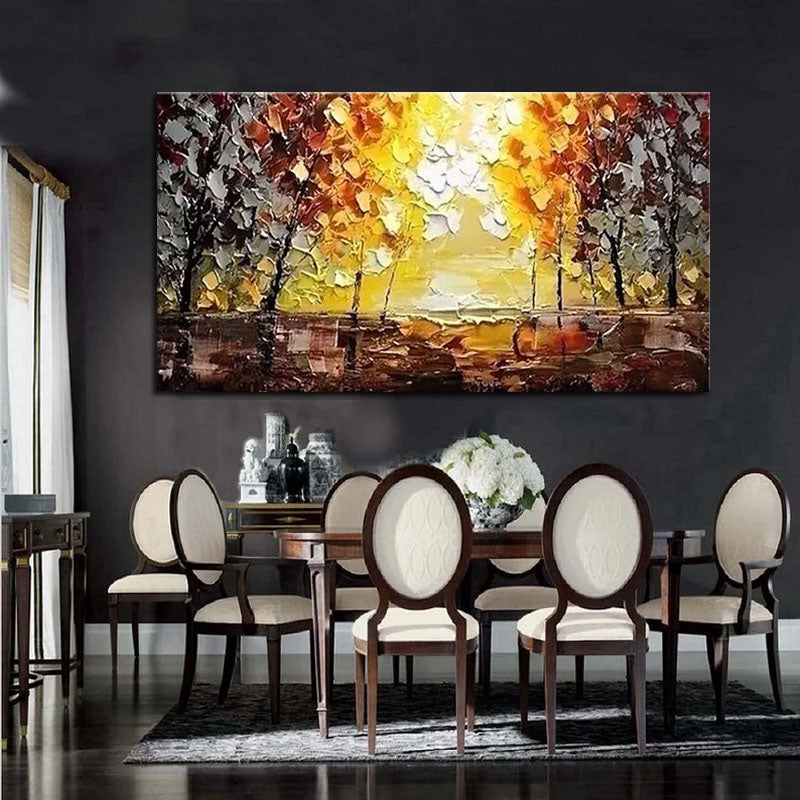 Impasto Oil Painting: Golden Sunset Landscape, Autumn Trees Wall Art