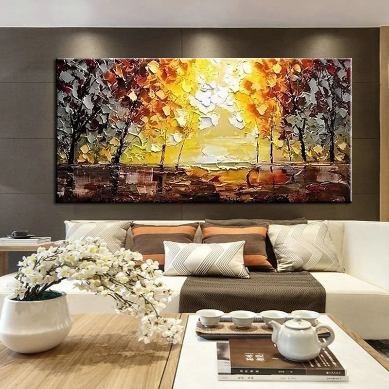 Impasto Oil Painting: Golden Sunset Landscape, Autumn Trees Wall Art