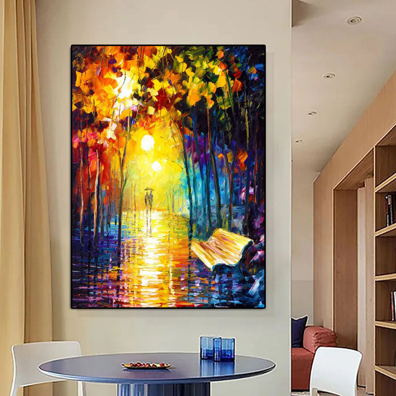 Rainy Night Oil Painting: Romantic Street Scene Wall Art