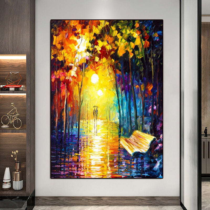 Rainy Night Oil Painting: Romantic Street Scene Wall Art