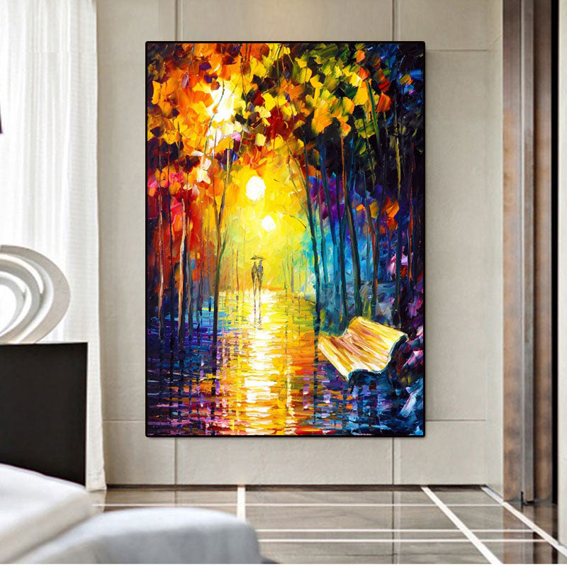 Rainy Night Oil Painting: Romantic Street Scene Wall Art