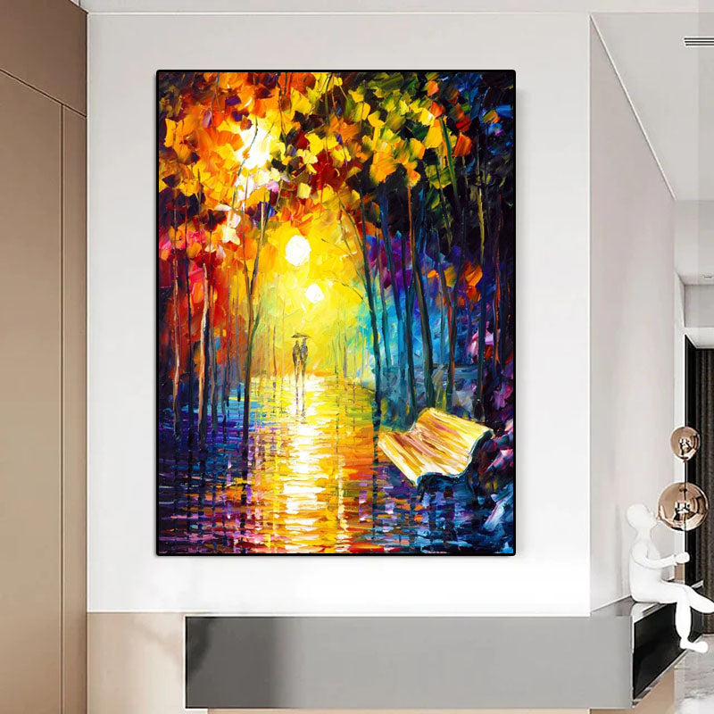 Rainy Night Oil Painting: Romantic Street Scene Wall Art