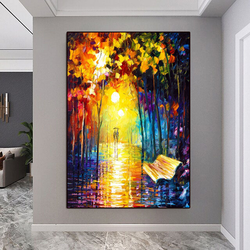 Rainy Night Oil Painting: Romantic Street Scene Wall Art