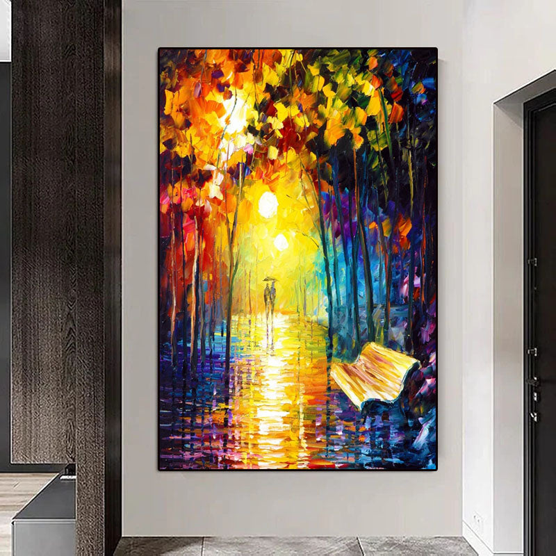 Rainy Night Oil Painting: Romantic Street Scene Wall Art